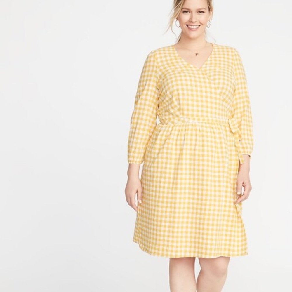 Old Navy yellow white plaid wrap front dress